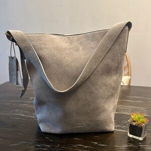 NEW MARGOT KATE Bucket Bag Tote Purse Light Grey Suede